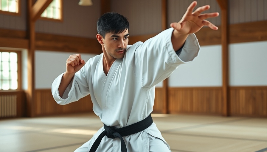 Karate self-training regime: Martial artist in white gi executing a move.