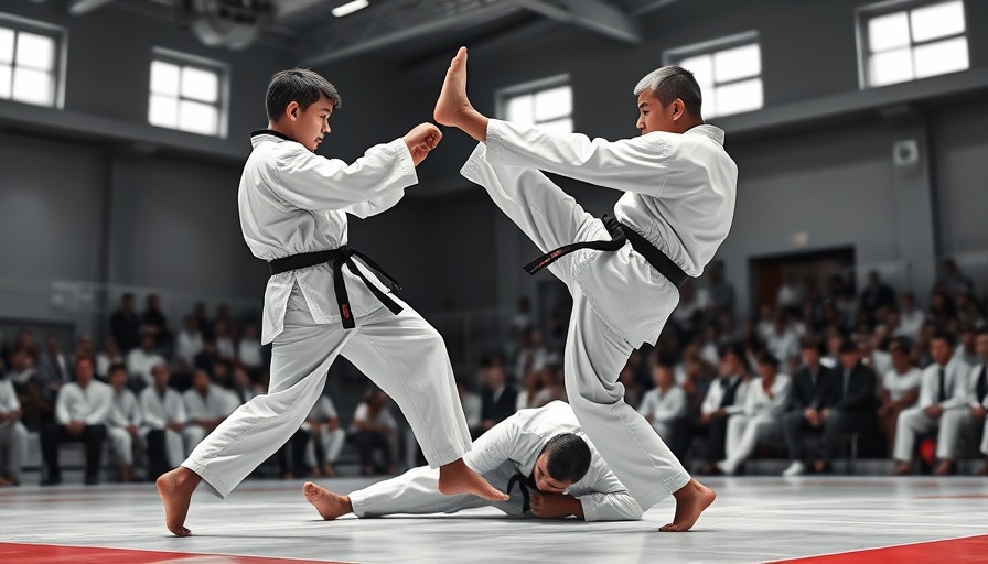 Martial arts sparring match in Gurnee gym with audience.