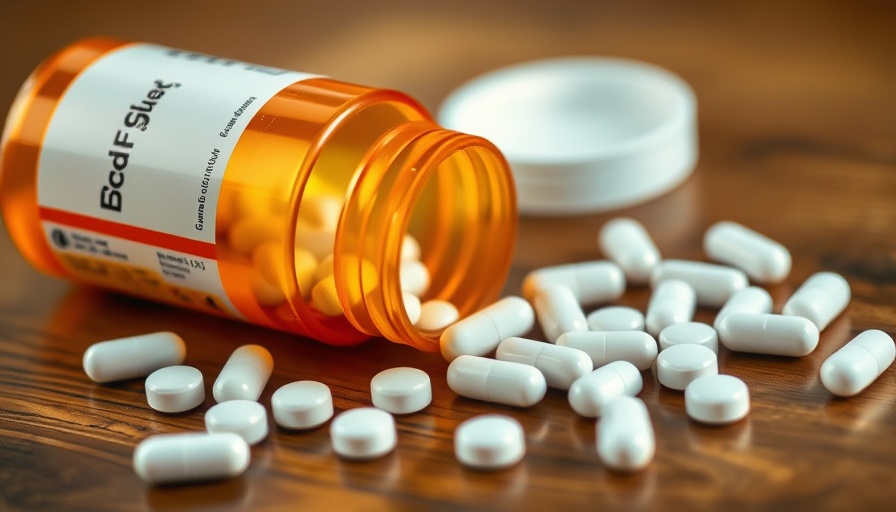 Painkiller pills spilled from a bottle on a wood table in Canada.