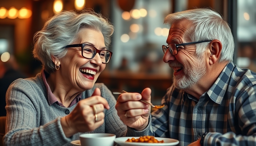 Joyful senior couple enjoying a meal, possibly using senior discounts in Muskegon.
