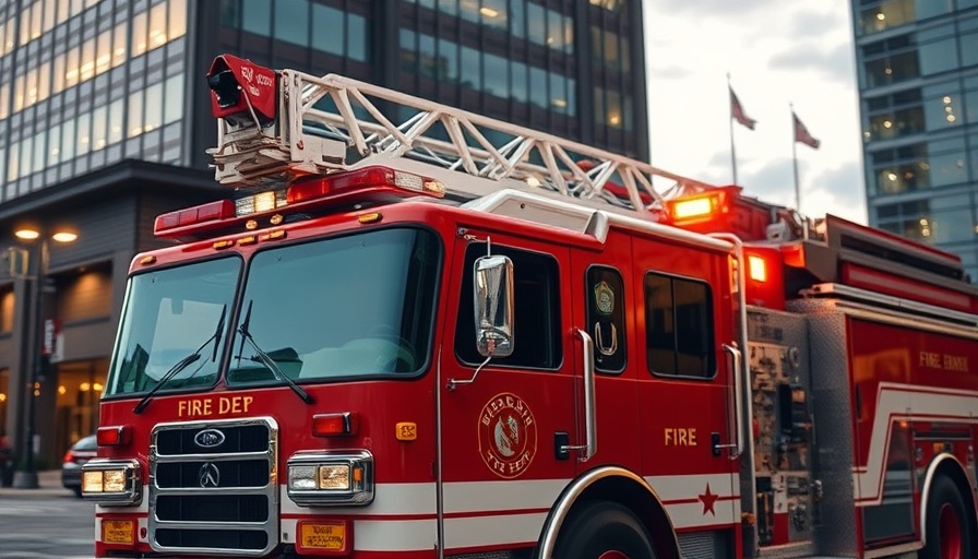 Fire truck outside building illustrating senior living safety.