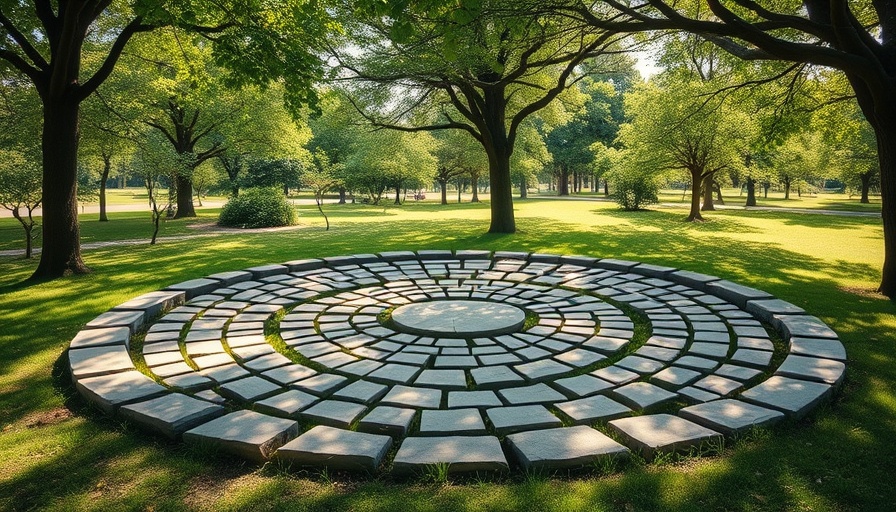 Stone labyrinth at Edina's Arneson Acres Park surrounded by greenery.