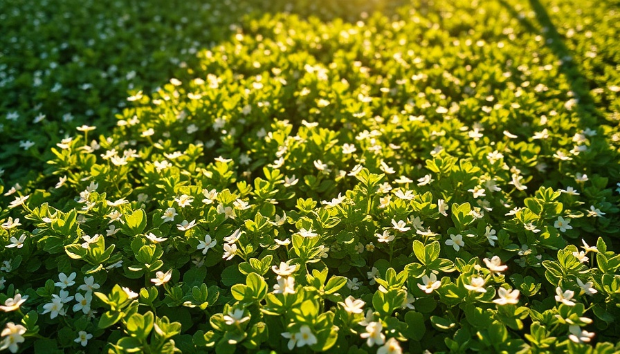 Lush clover lawn with white blossoms in natural sunlight