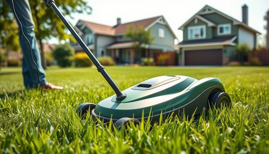 Electric lawn mower on grass in Muskegon yard.