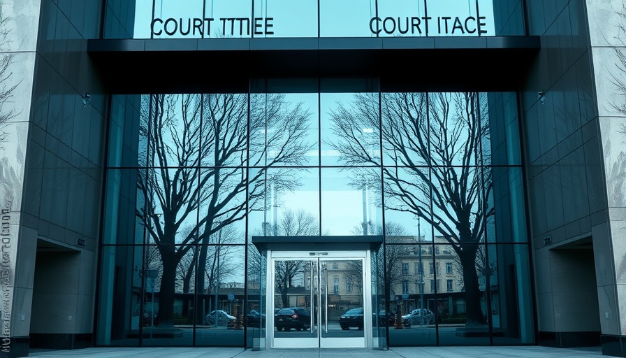 Modern courthouse entrance with glass facade reflecting urban environment.