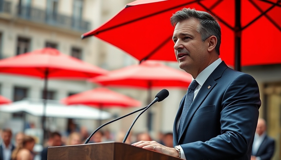 Man in navy suit speaking at outdoor event under red umbrella.