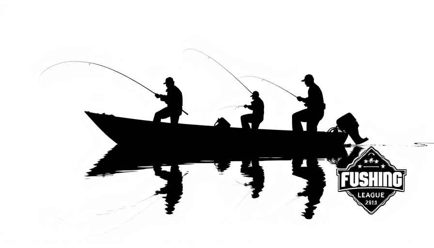 Silhouetted fishermen on boat, Morrison County Fishing League logo