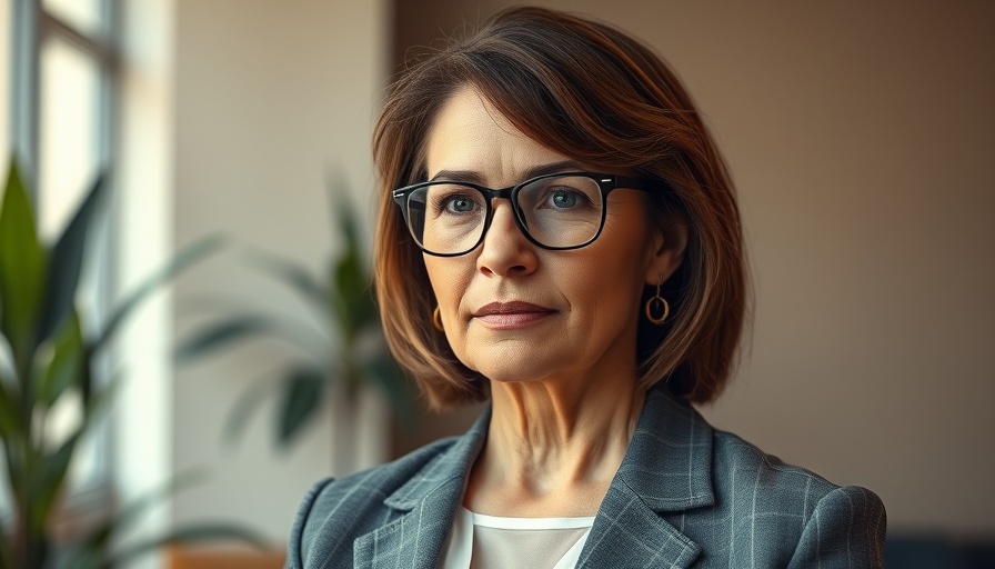 Middle-aged woman in office, working through pain in workforce.