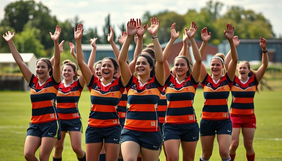 Rugby team huddled, promoting sports injury prevention awareness.