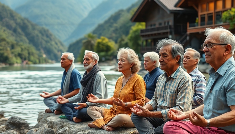 Senior care meditation by riverside in China, healthcare tourism.