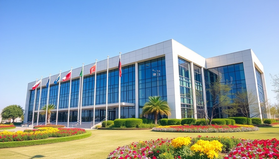 Wheeling health board building with flags and gardens on a sunny day.