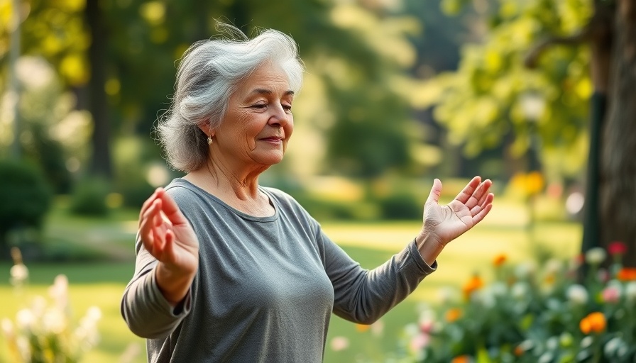Senior woman practicing yoga in Muskegon park, promoting healthy living.
