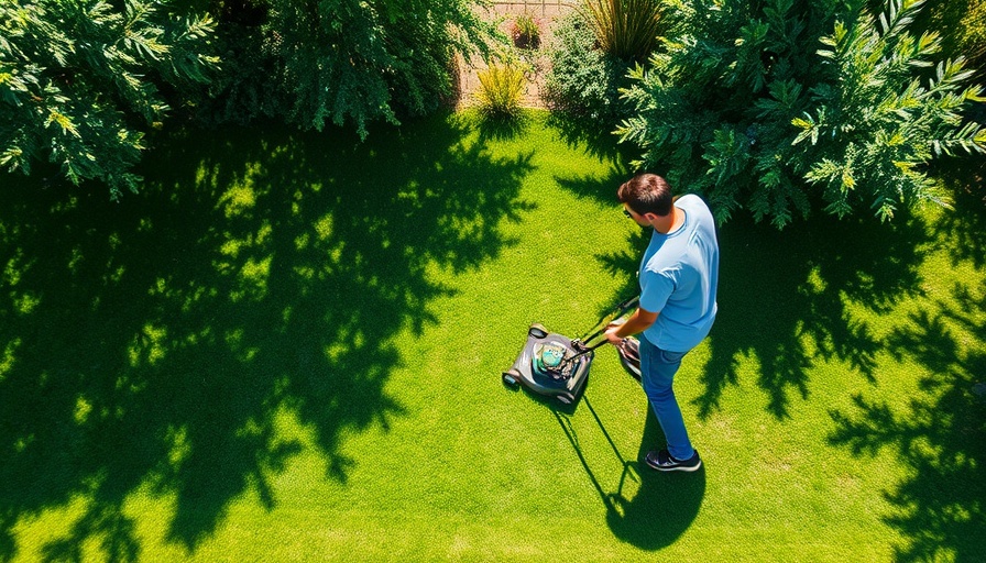 Lawn fertilization services in Muskegon, top view of man mowing lawn.