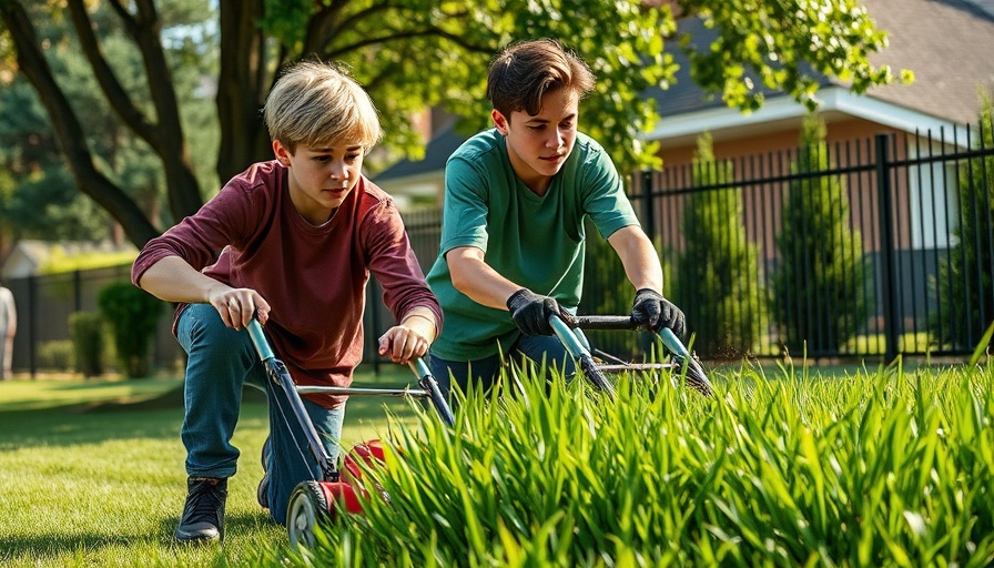 50 Yard Challenge participants mowing and trimming grass on a sunny day.