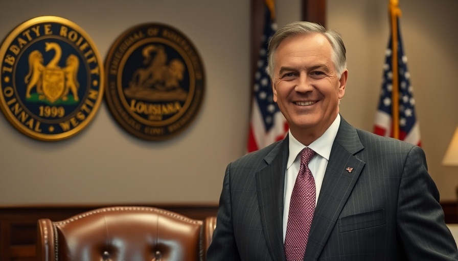 Mature man in formal setting with flag and emblem.