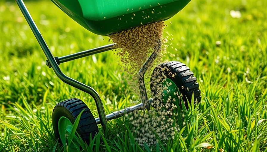 Lawn spreader dispensing fertilizer on grass