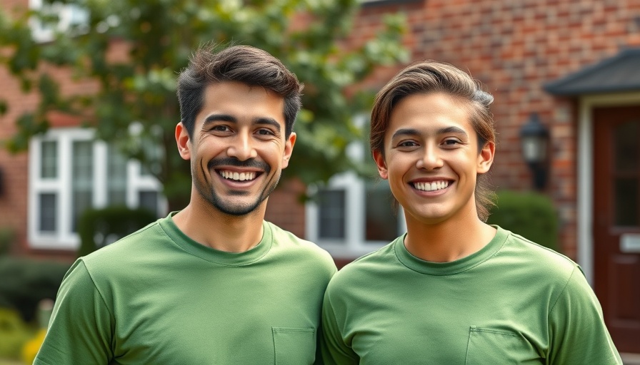 Happy duo offering free lawn care services Atlanta, standing outdoors.