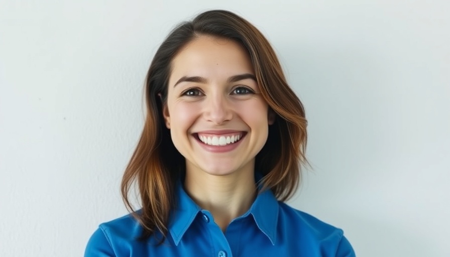 Smiling woman in blue shirt against white wall.