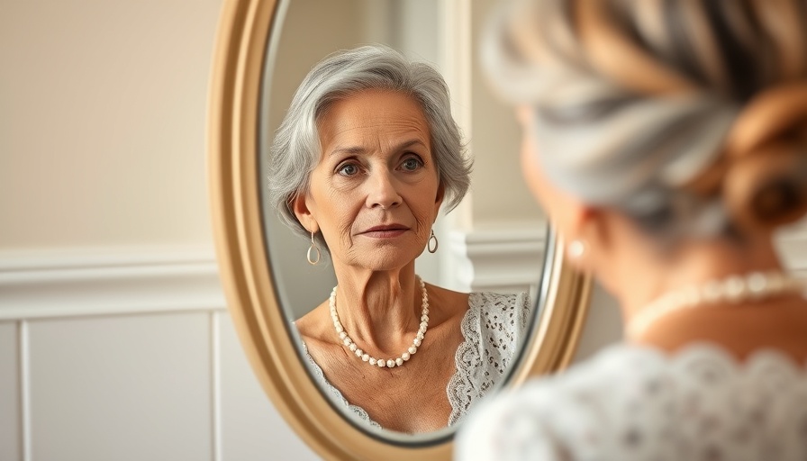 Senior woman considering Botox brow lift benefits in bathroom mirror.