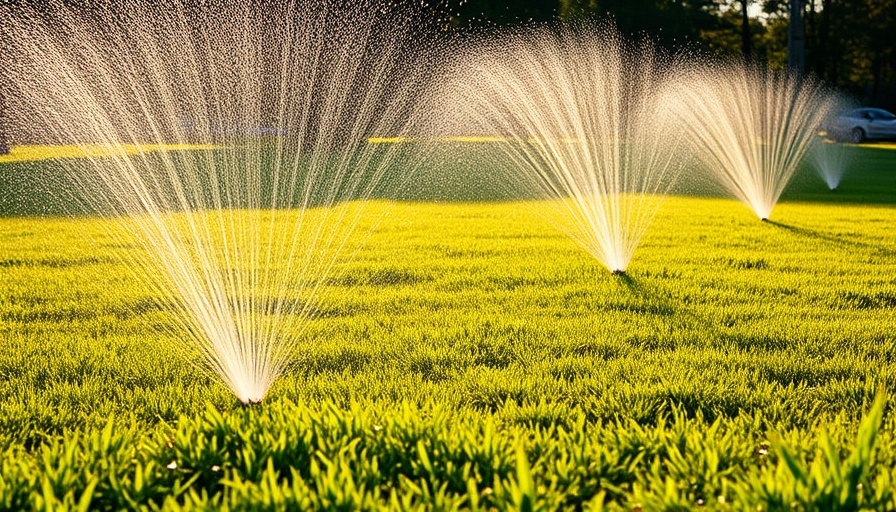 Lawn irrigation in a park with sprinklers active at golden hour.