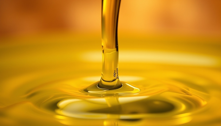 Golden olive oil pouring gracefully, highlighting benefits and risks.