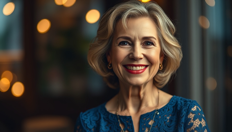 Caring for Loved Ones with Alzheimer’s: Elegant woman in blue dress smiling warmly.