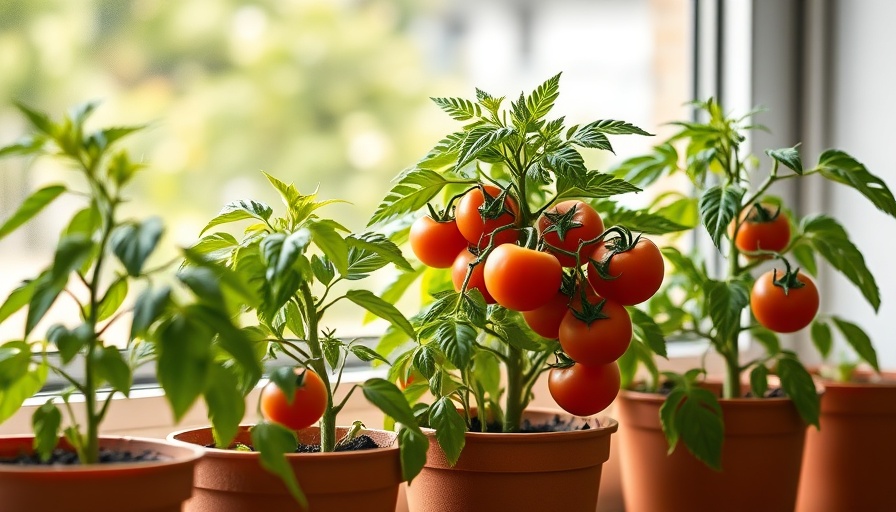 Thriving potted tomato plants on a windowsill with natural light.