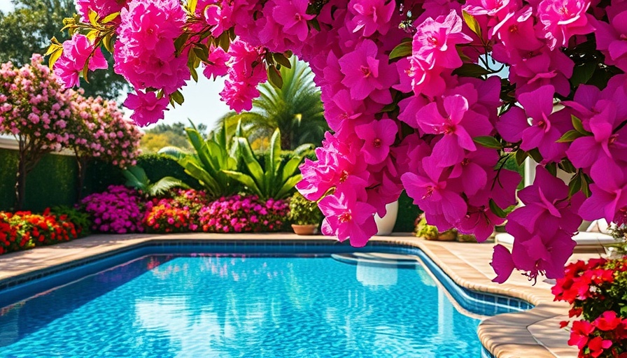 Lush poolside setting with pink bougainvillea flowers overhanging.