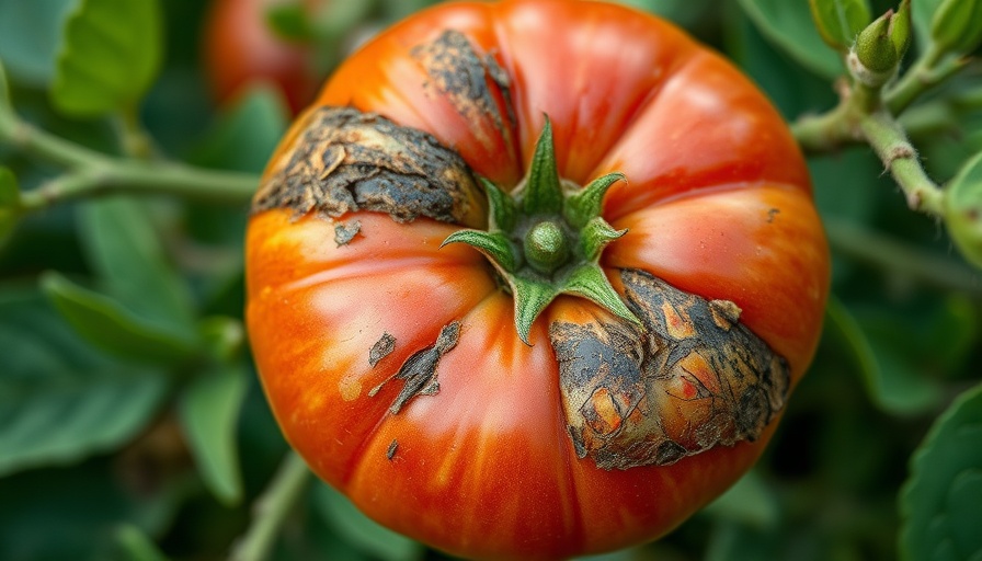 Close-up of tomato with disease indicating late summer issues.