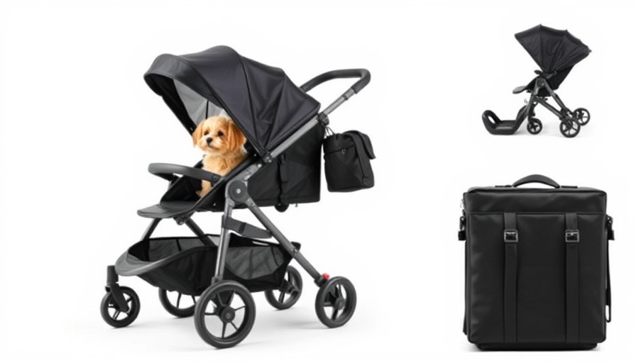 BB-C330H Foldable Pet Stroller in black with mesh canopy, pets, and accessories.
