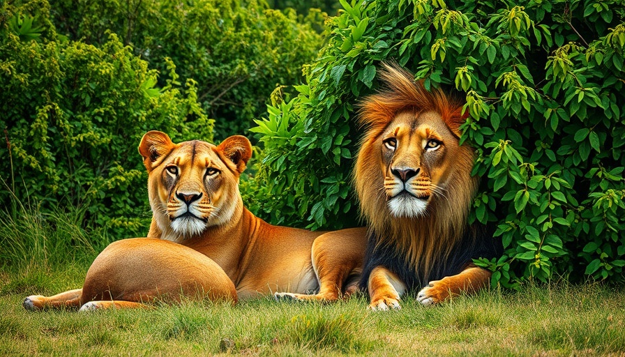 Two lions resting in foliage, showcasing natural habitat.