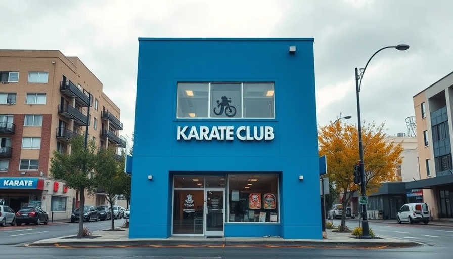 Karate club building in Gurnee, entrance view on cloudy day.