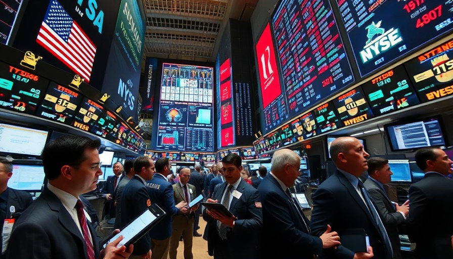 Financial professionals on busy stock exchange floor with data screens.