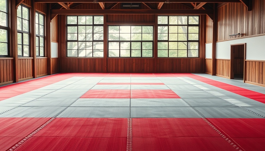 Martial arts dojo in Gurnee with red and grey mats and large windows.