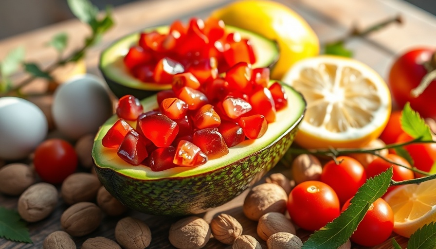 Close-up of avocado with pomegranate seeds among fruits and nuts.