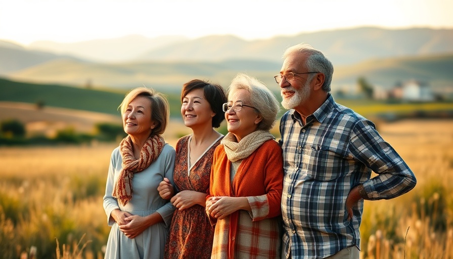 Family supporting multiple generations in retirement enjoying nature landscape.
