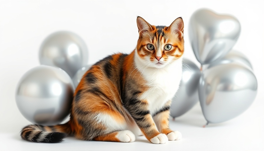 Elegant cat with balloons, symbolizing support for pets during life transitions.