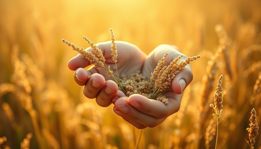 Harvest quinoa in sunlit field with hands gently holding plants.