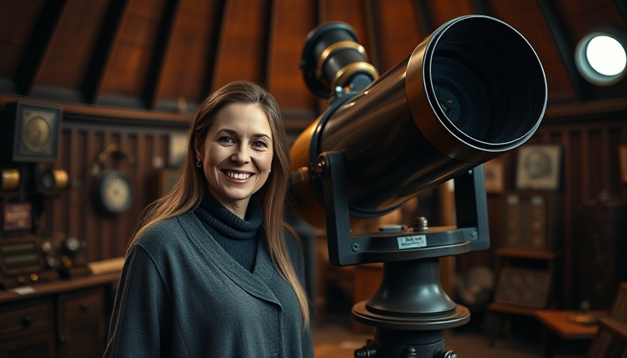 Woman in observatory with antique telescope, exploring humanities and outer space.