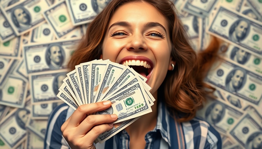 Excited woman with money against Social Security card backdrop, Next SSA payment arrives.