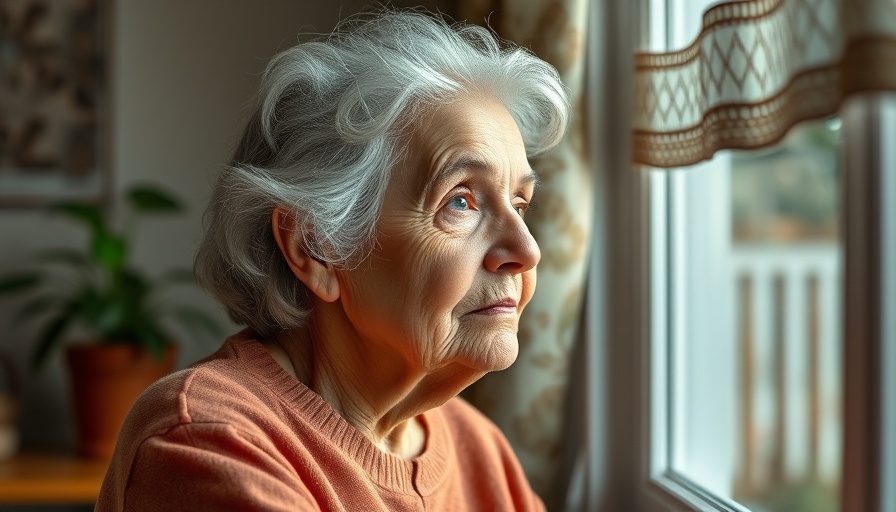 Elderly woman considering mental health in senior care by window.