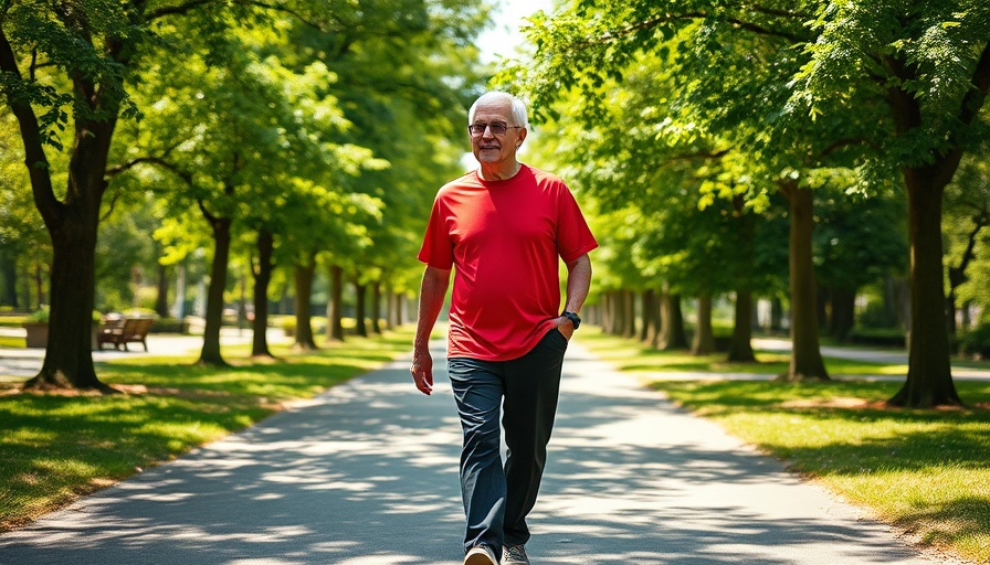 Senior man walking in park for senior health awareness