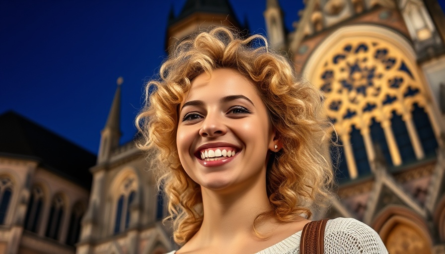 Cheerful young woman in front of Gothic architecture at night.