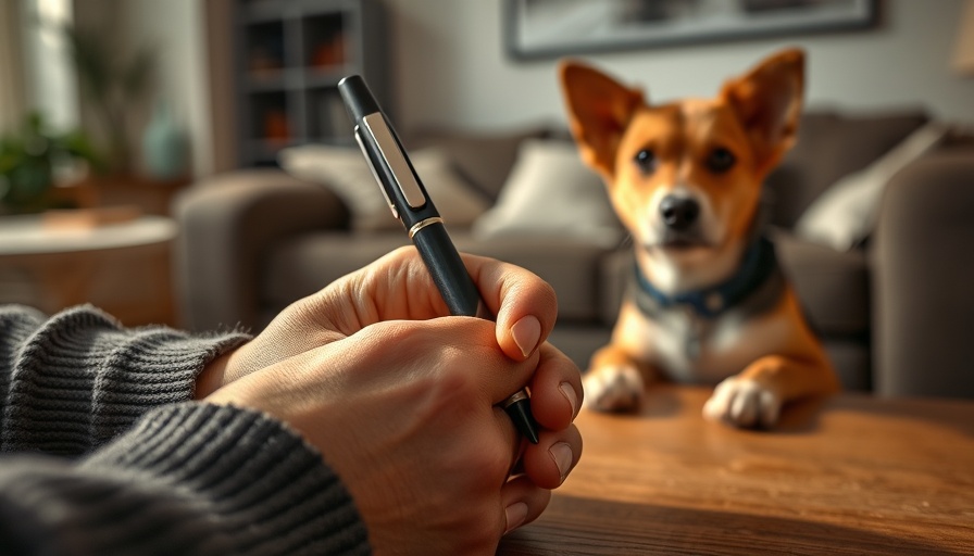 Hands handling Ozempic pen with curious dog nearby in living room.