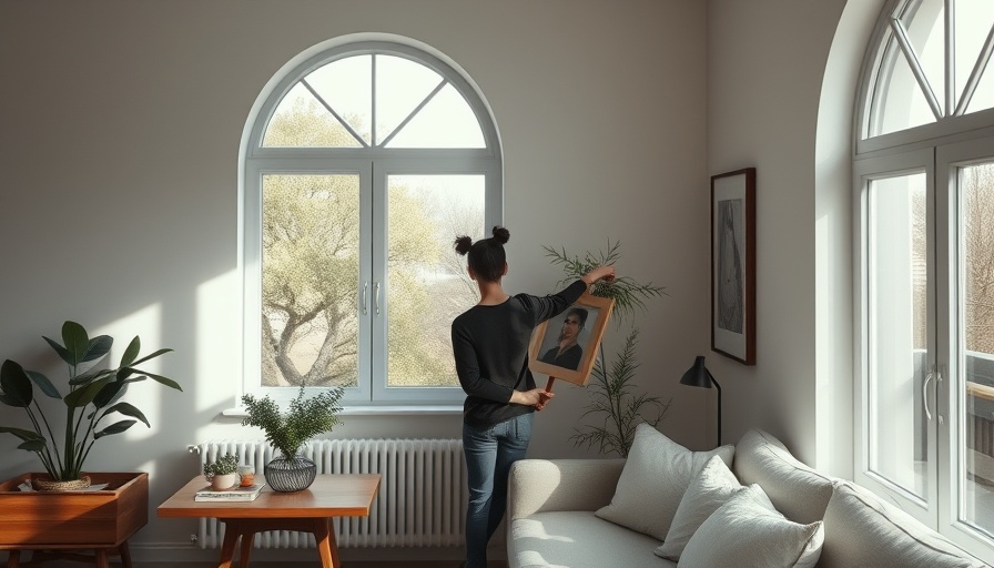 Young adult arranging artwork in a modern apartment, showcasing independent living.