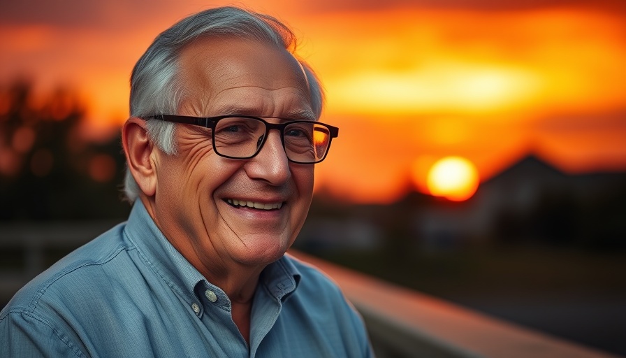 Retirement crisis fears addressed by smiling elderly man against sunset.