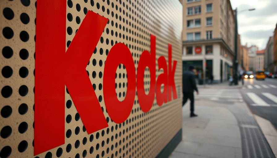 Kodak logo on a city street wall with a pedestrian walking.