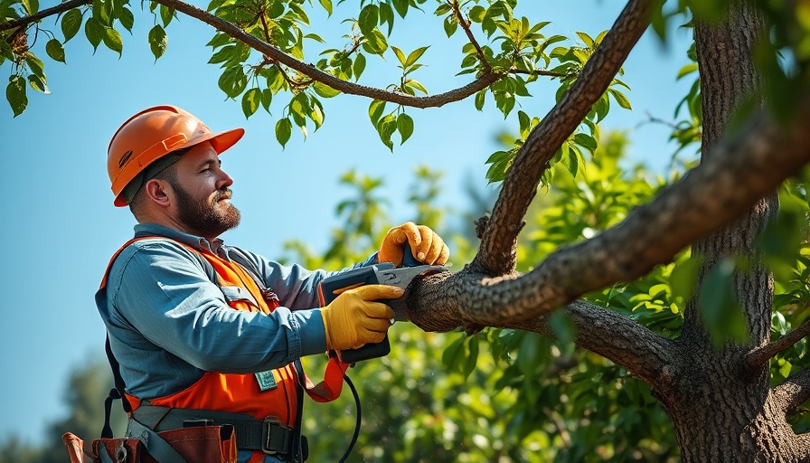 Arborist trimming tree branches before hurricane season, ensuring safety