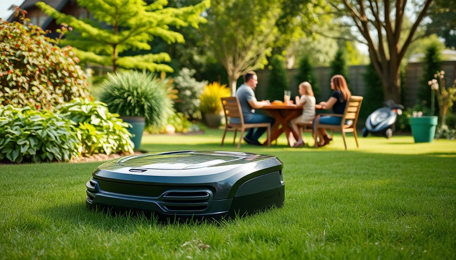 Robotic lawn mower cutting grass in a garden with family.