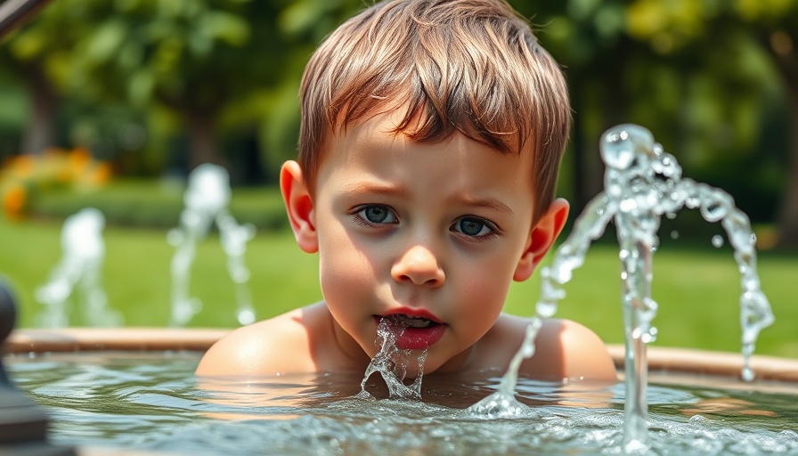 Young boy staying hydrated by drinking from a fountain in summer